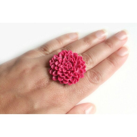 Berry Red Flower Ring Adjustable Chrysanthemum Ring - more colours available - Picture 1 of 6